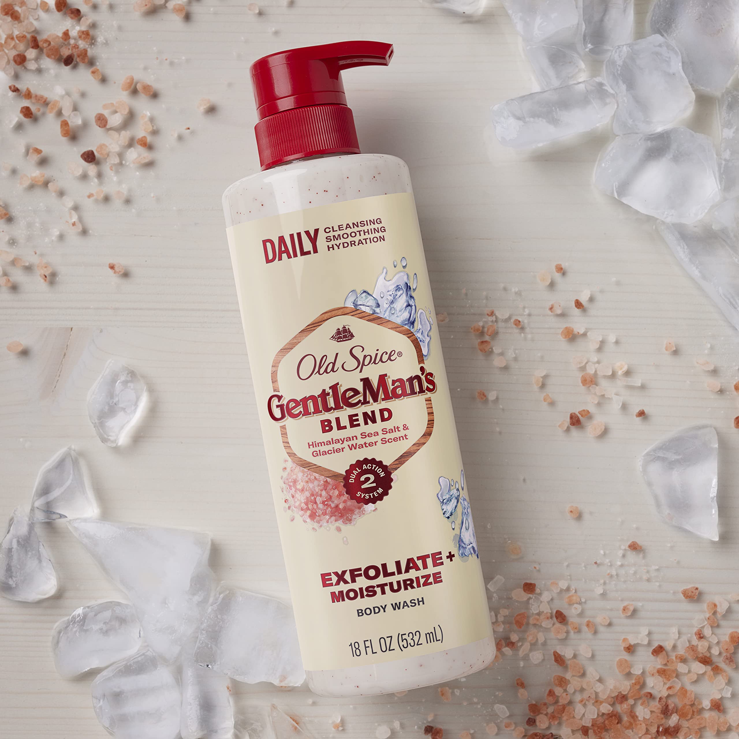 Old Spice bottle in shower hand demonstrating easy dispensing and lather