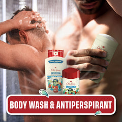 Old Spice Broseidon styled with beach props evoking ocean surf aroma benefit