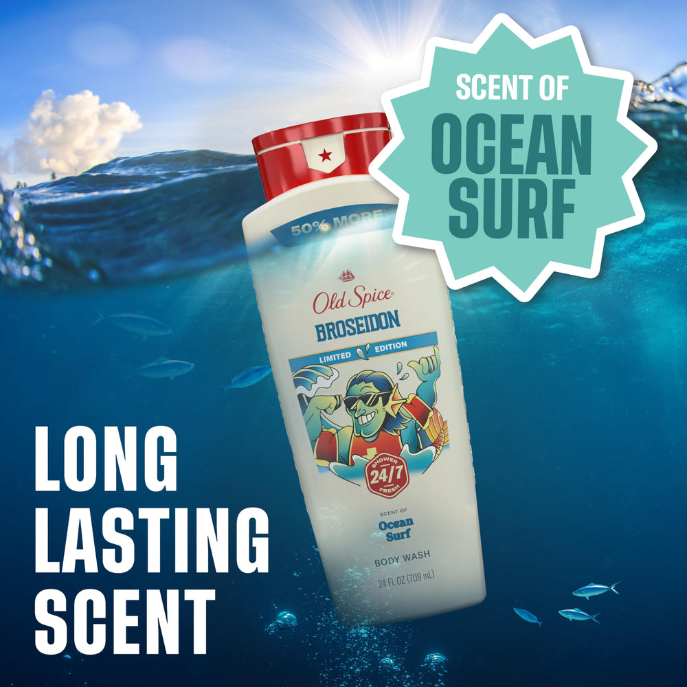 Old Spice Broseidon bottle in shower setting conveying daily refresh benefit