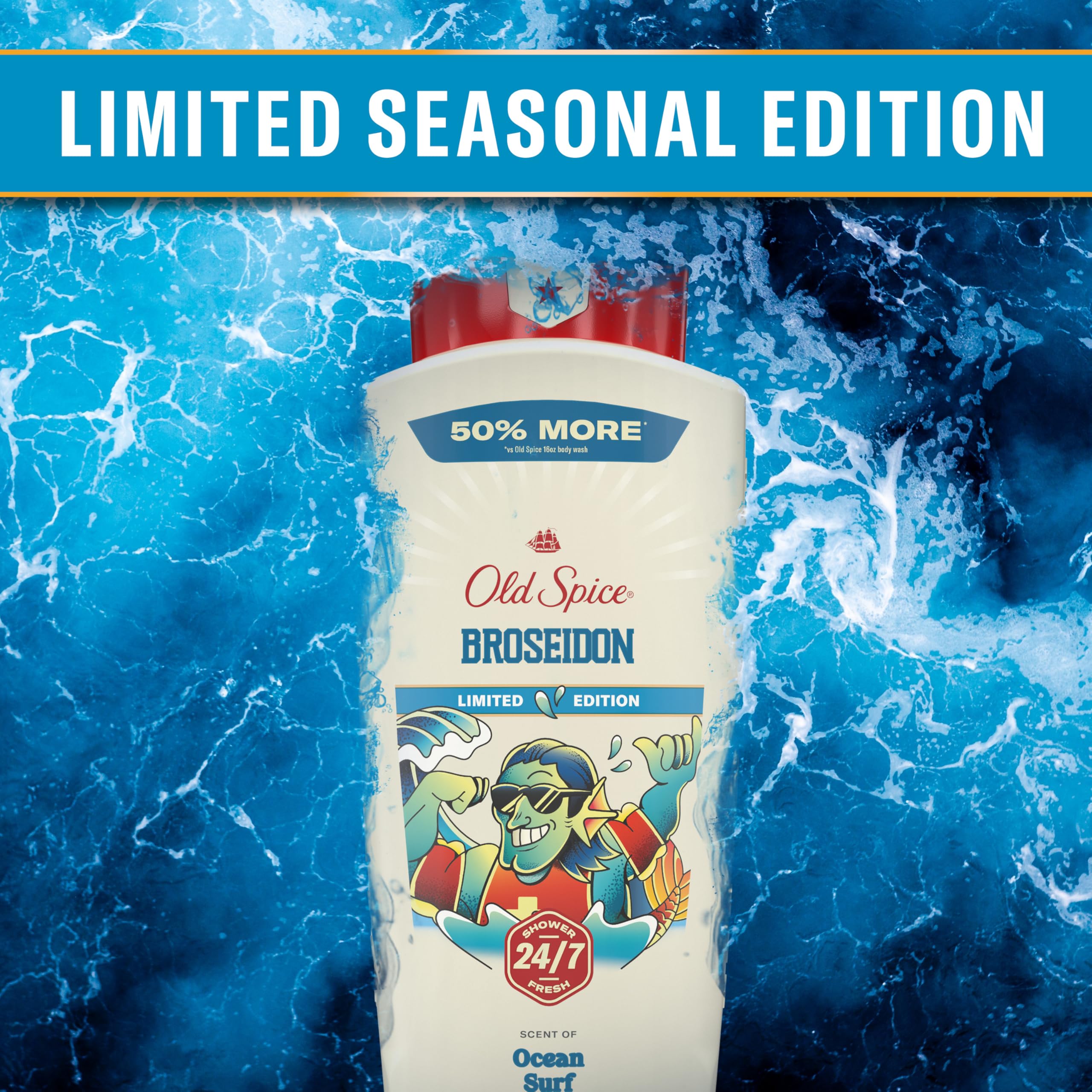 Old Spice Broseidon beside ruler showing 24 oz size for value and longevity