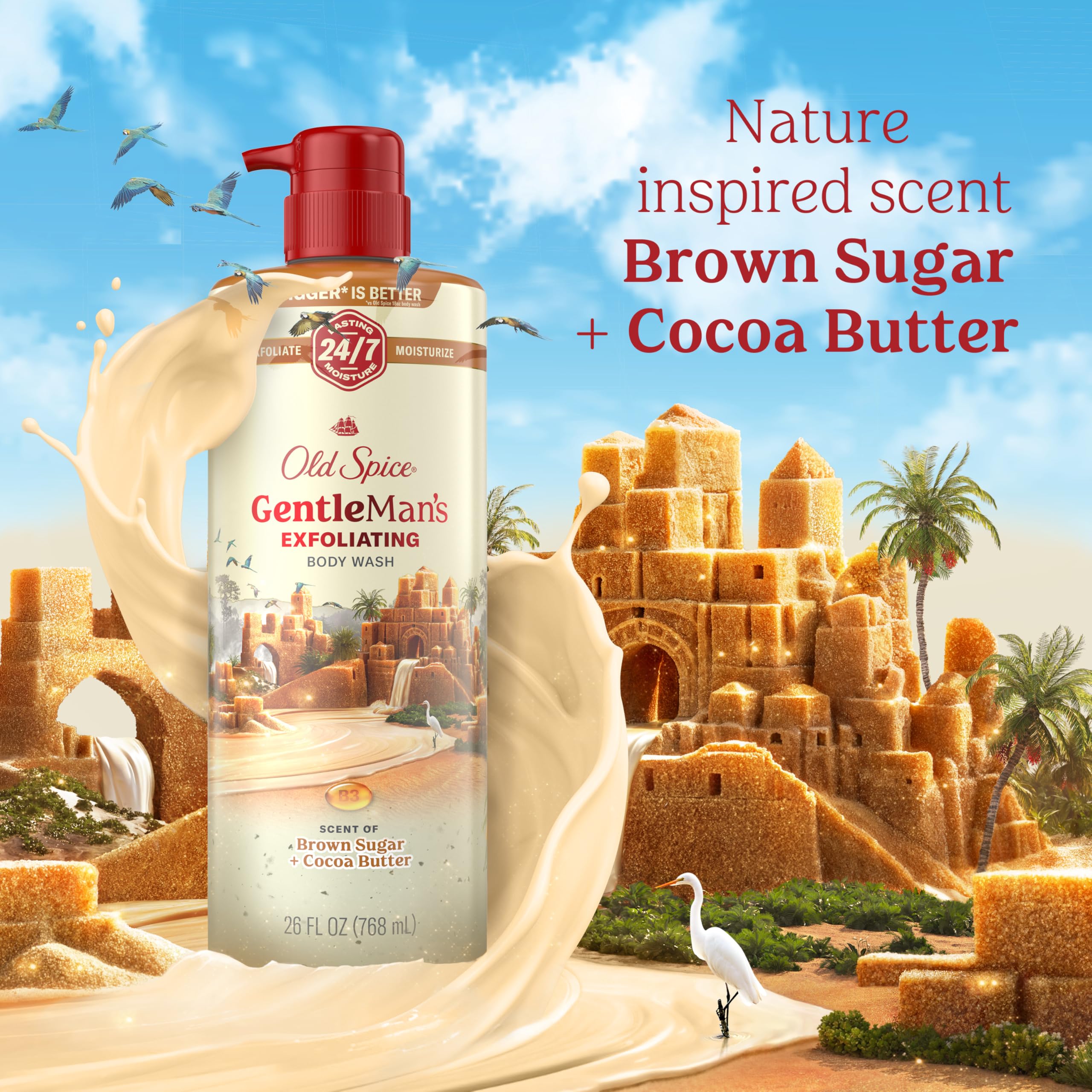 Brown sugar and cocoa butter visuals representing Old Spice scent
