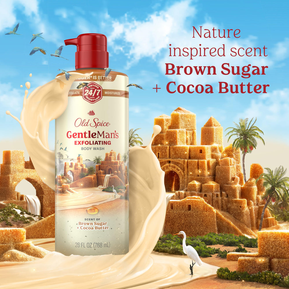 Brown sugar and cocoa butter visuals representing Old Spice scent