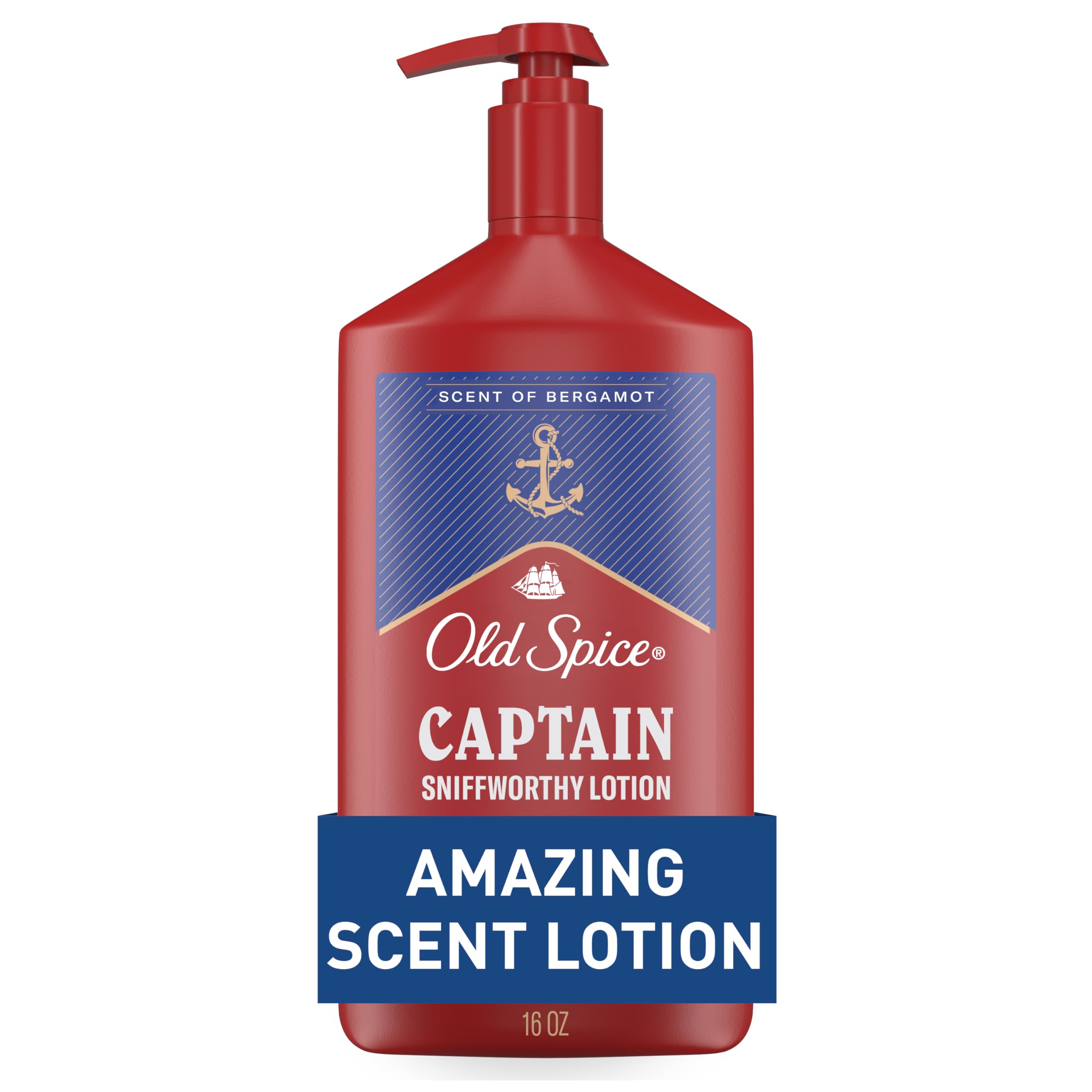 Old Spice Captain front bottle view showing pump and 16 oz size benefit