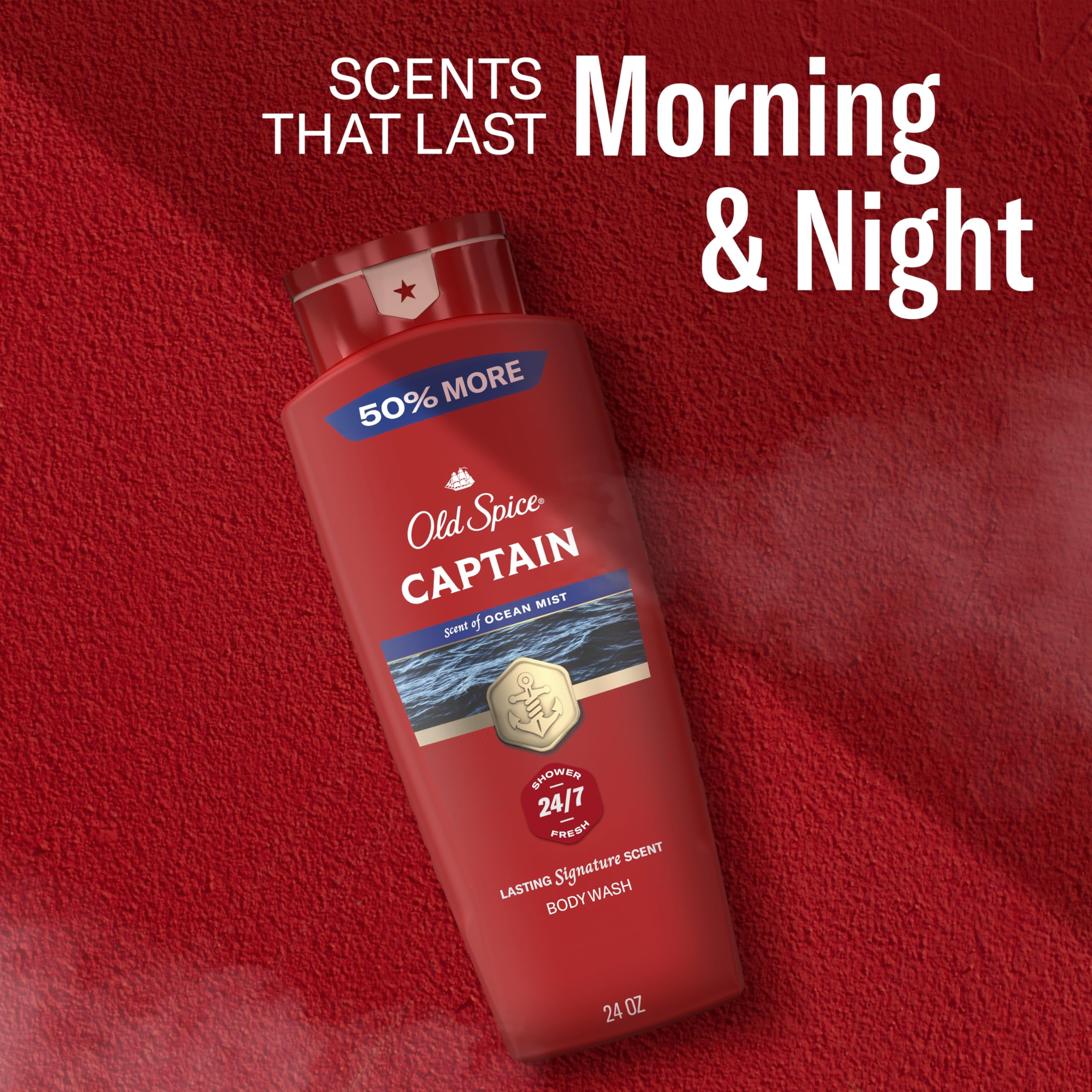 Old Spice Captain bottle shown in shower to suggest daily freshness benefit