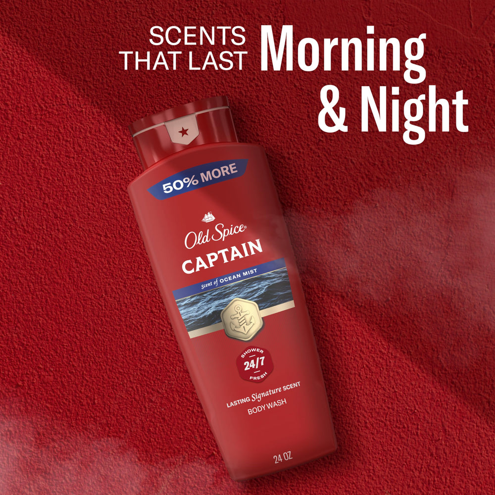 Old Spice Captain bottle shown in shower to suggest daily freshness benefit