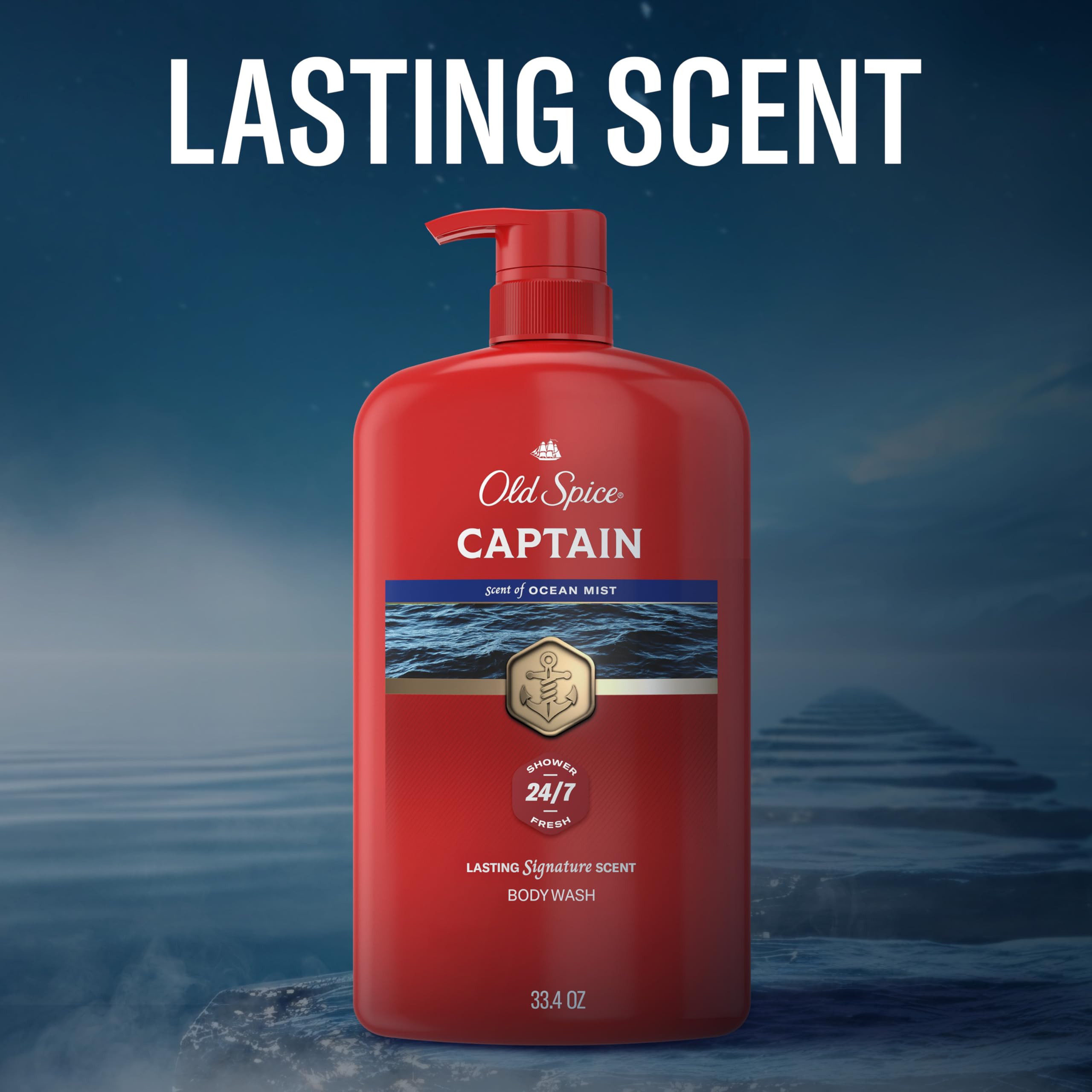 Old Spice Captain next to shampoo to show 33.4 oz size and value benefit