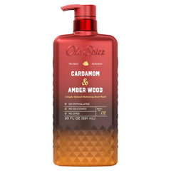 Old Spice front packaging showing cardamom amber wood scent and benefit of premium cologne fragrance