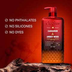 Old Spice close-up label showing ingredient highlights and benefit of no phthalates silicones dyes