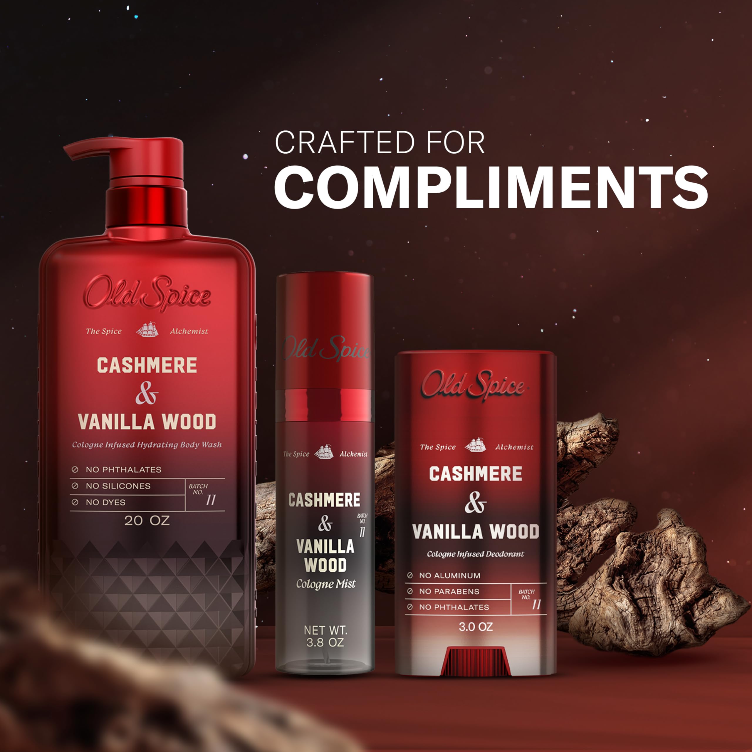 Old Spice Spice Alchemist Collection lined up to show layering possibilities