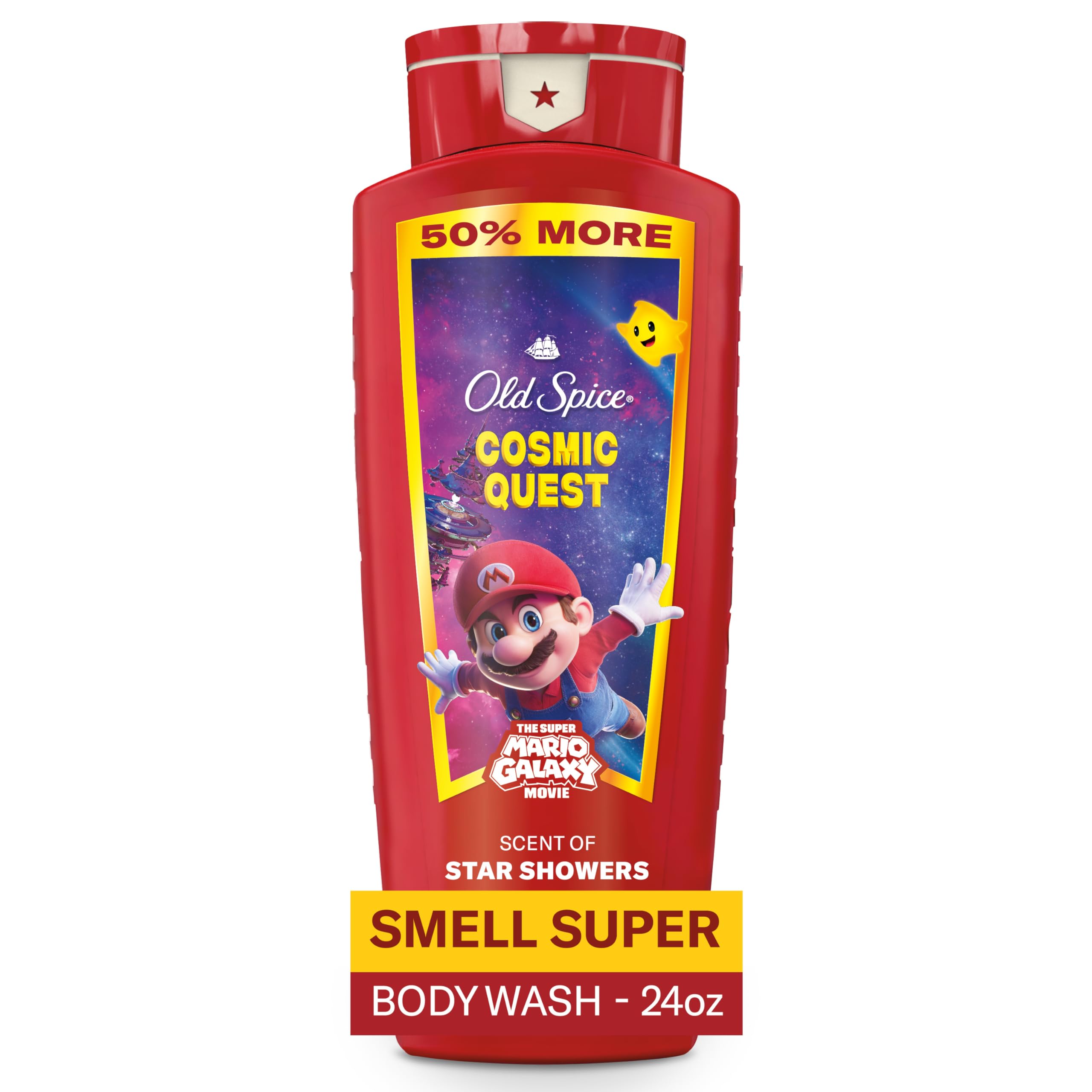 Old Spice bottle front showing Cosmic Quest label and Star Showers scent benefit