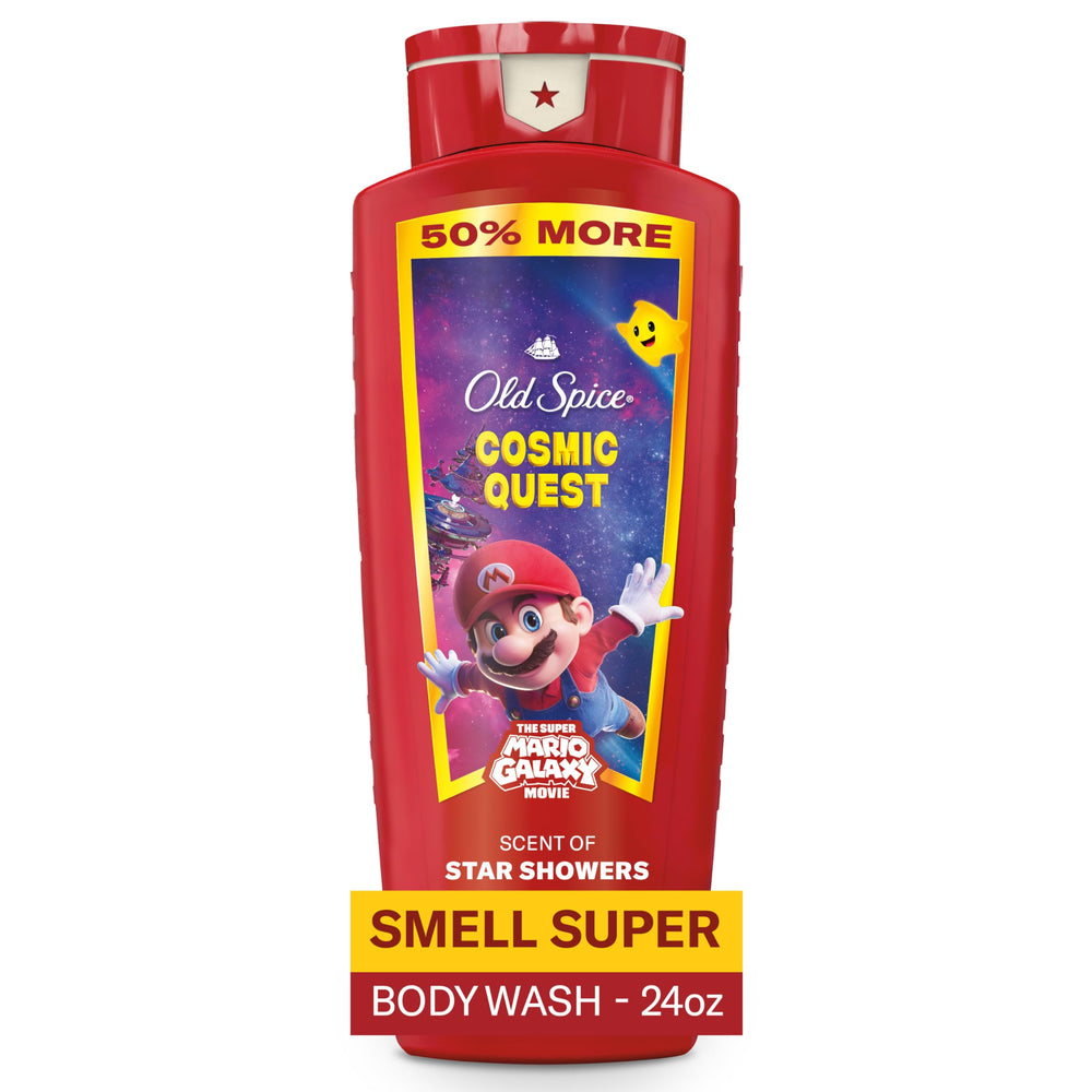 Old Spice bottle front showing Cosmic Quest label and Star Showers scent benefit