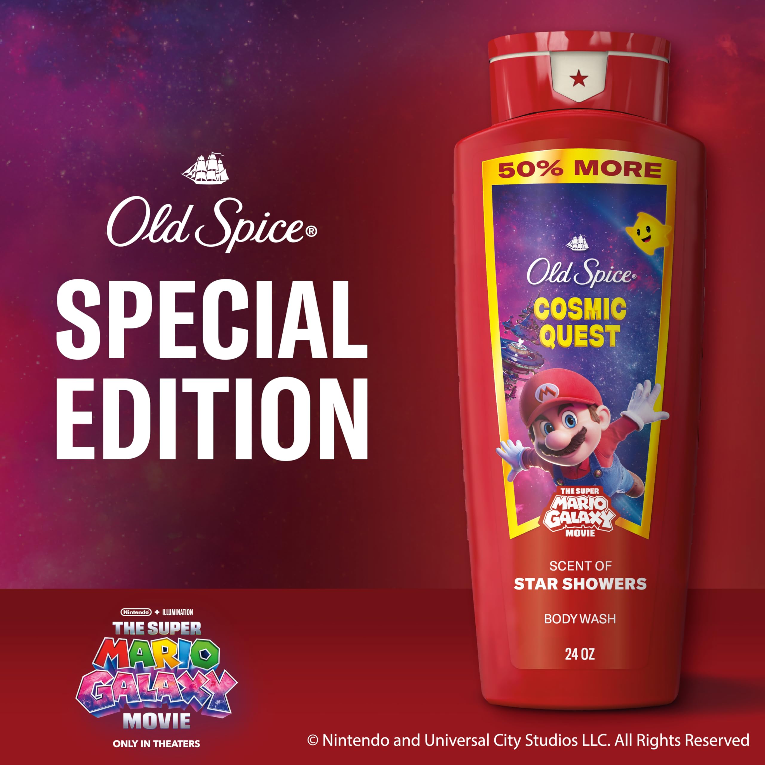 Old Spice next to a water bottle to show 24 oz size and long-lasting supply