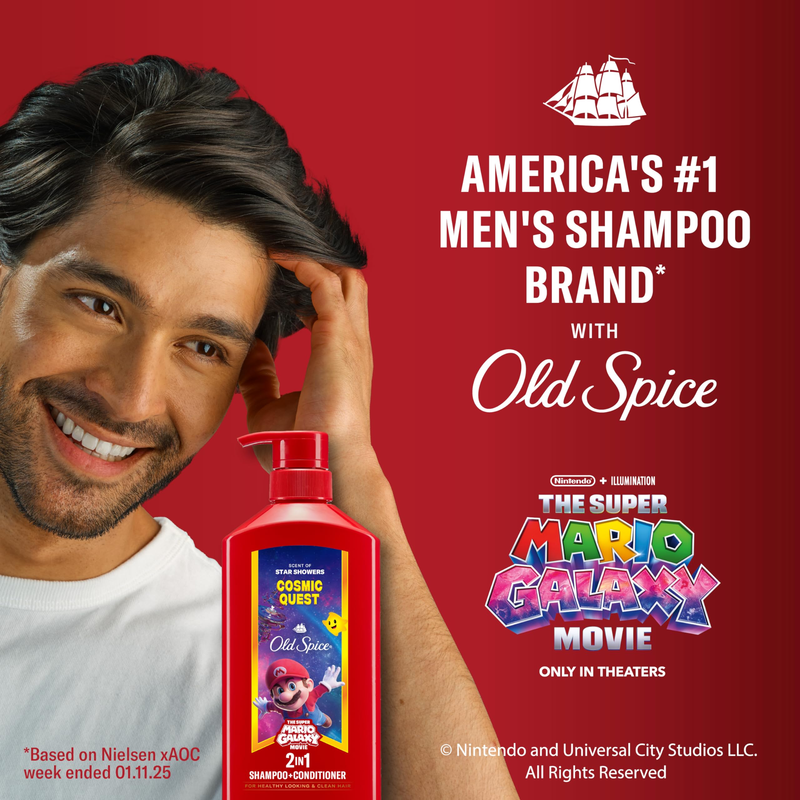 Old Spice Super Mario Galaxy label closeup highlighting themed collectible packaging