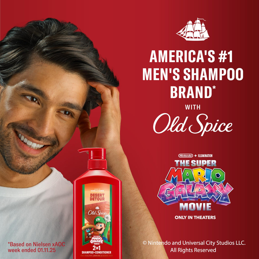 Model rinsing hair with Old Spice Desert Detour showing quick rinse and manageability