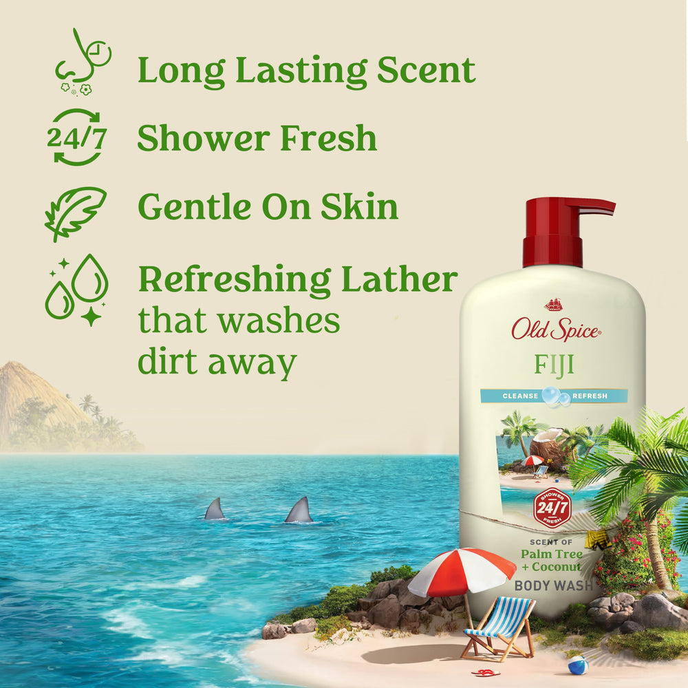 Old Spice Fiji bottle close-up label highlighting scent and easy-read information