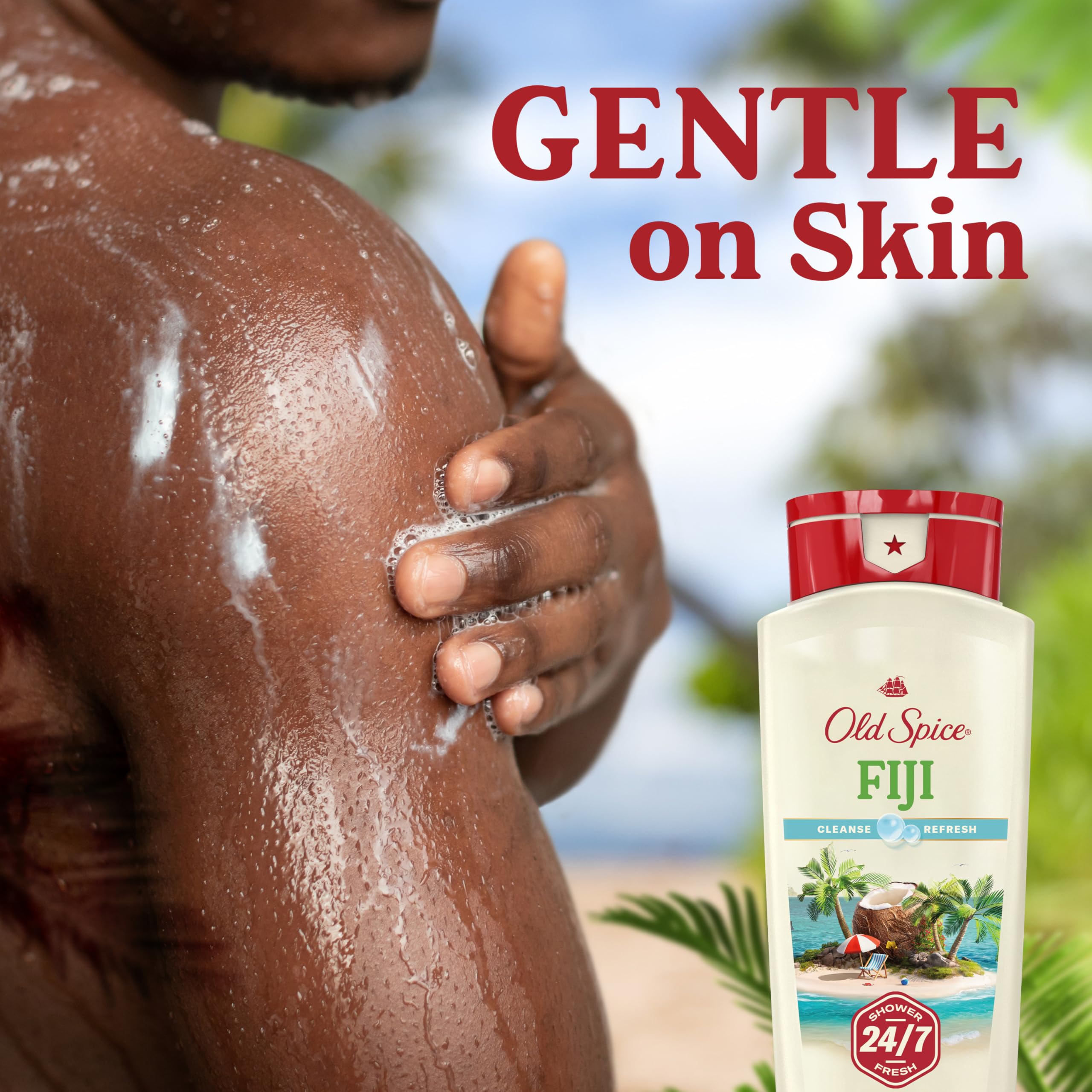 Old Spice Fiji bottle next to hand showing 18 oz scale