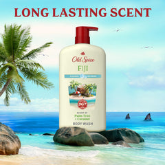 Old Spice Fiji four bottles lined up indicating bulk value and multi-bathroom use