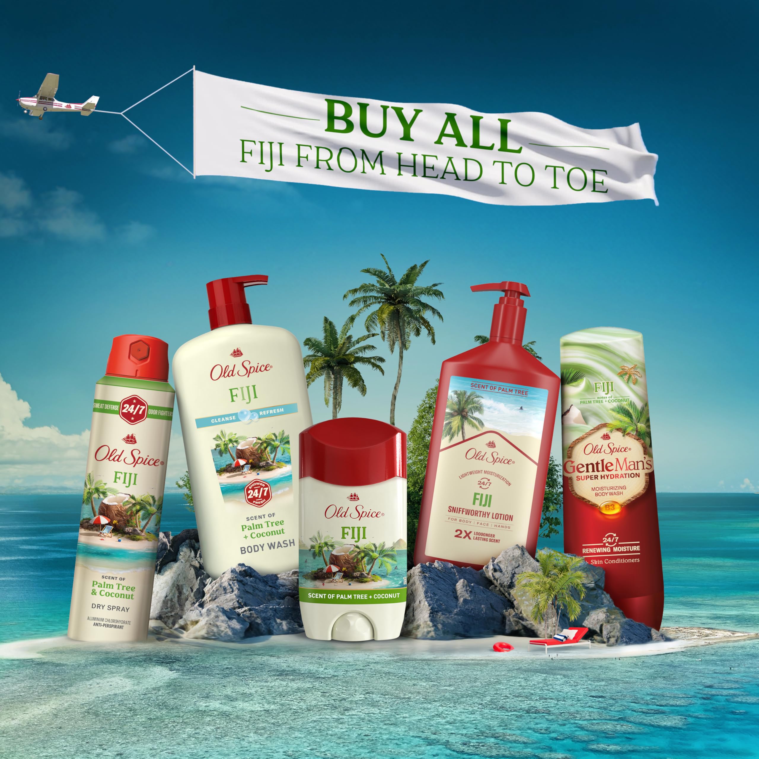 Old Spice Fiji with coconut and palm imagery conveying tropical scent benefit