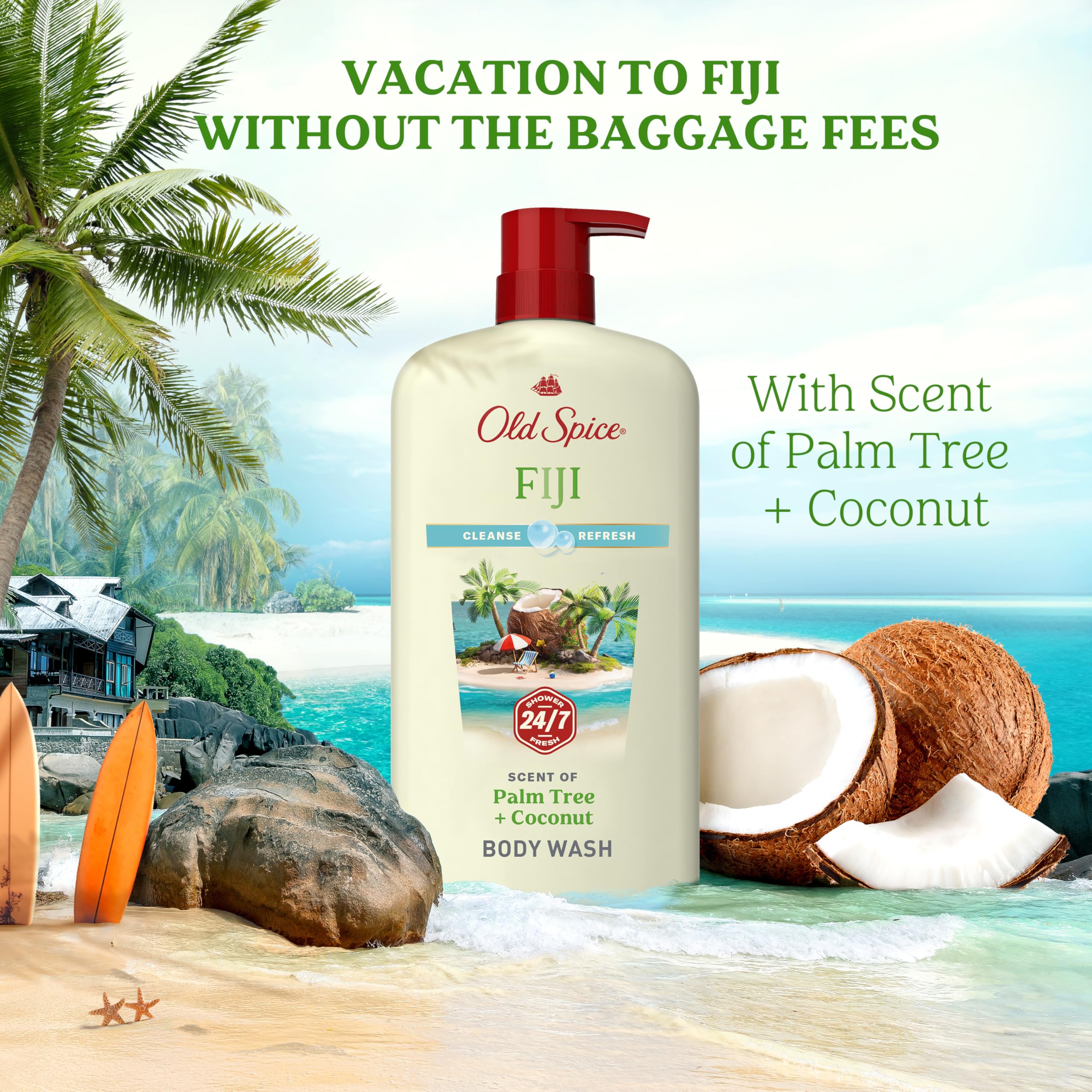 Old Spice Fiji bottle beside Vitamin B3 graphic emphasizing skin-friendly care