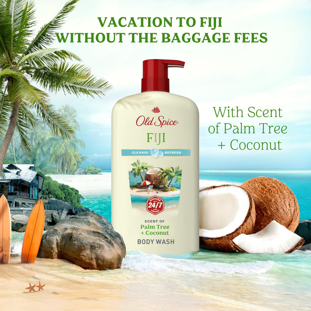 Old Spice Fiji bottle beside Vitamin B3 graphic emphasizing skin-friendly care