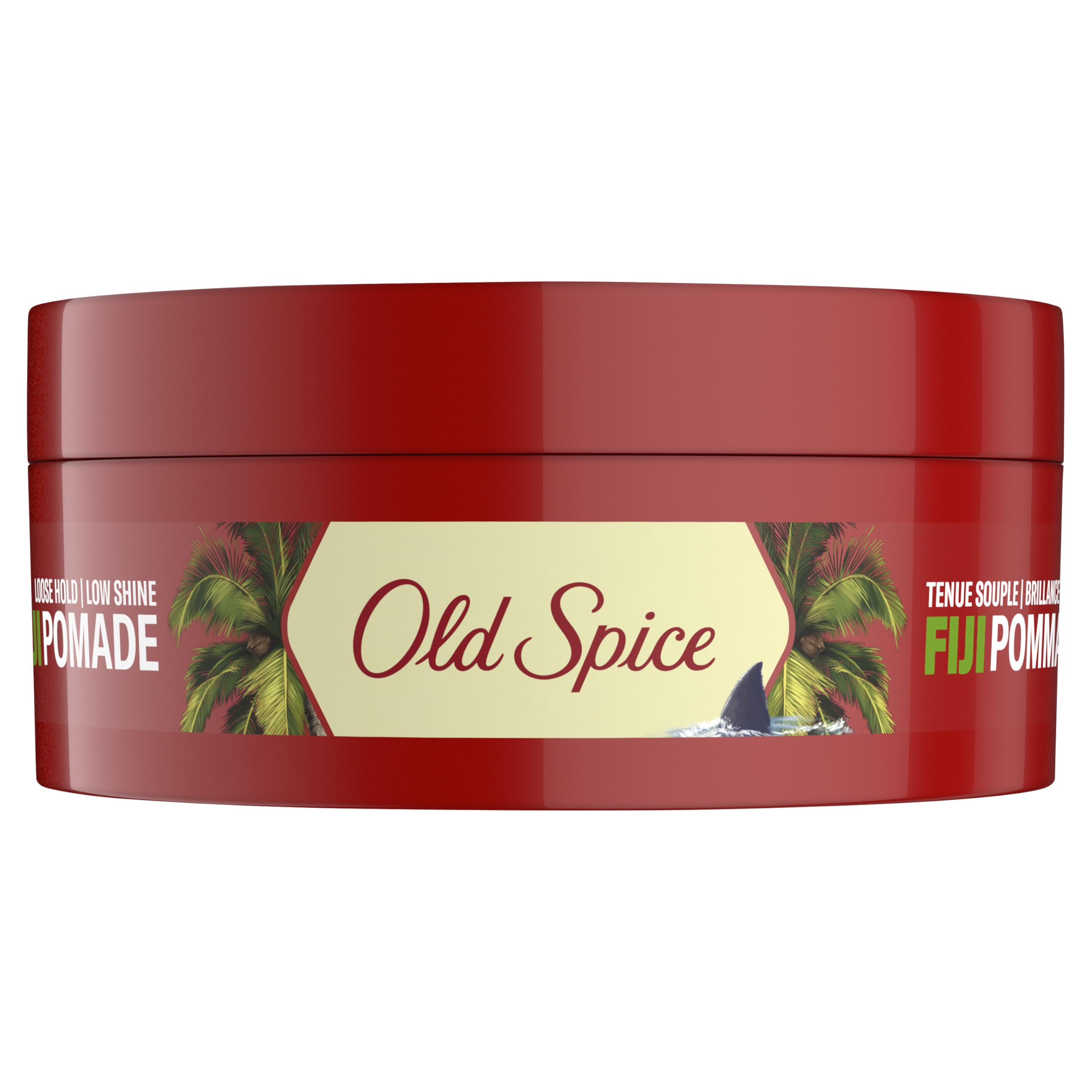 Old Spice Fiji pomade next to a ruler showing compact 2.22 oz size for portability