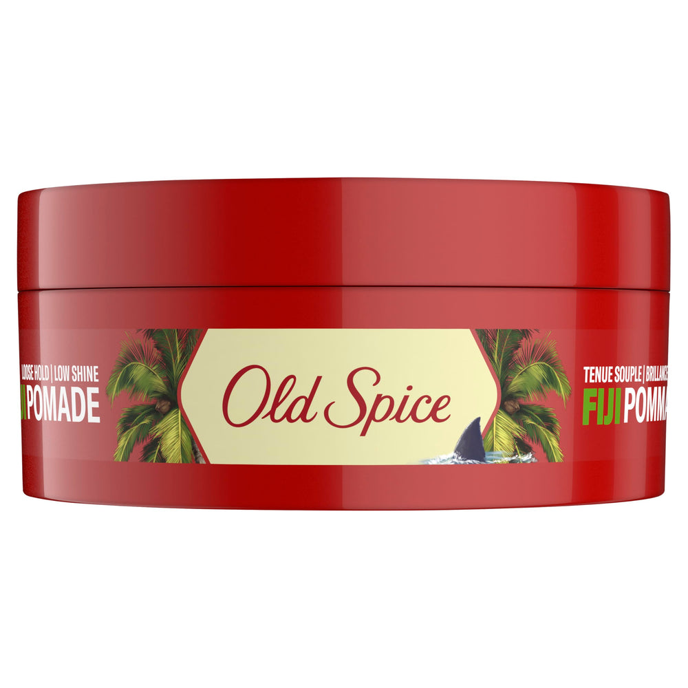 Old Spice Fiji pomade next to a ruler showing compact 2.22 oz size for portability