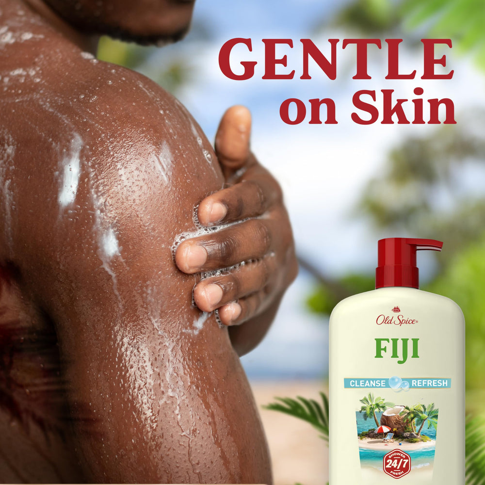Old Spice Fiji next to a hand to show 30 oz scale and long-lasting supply