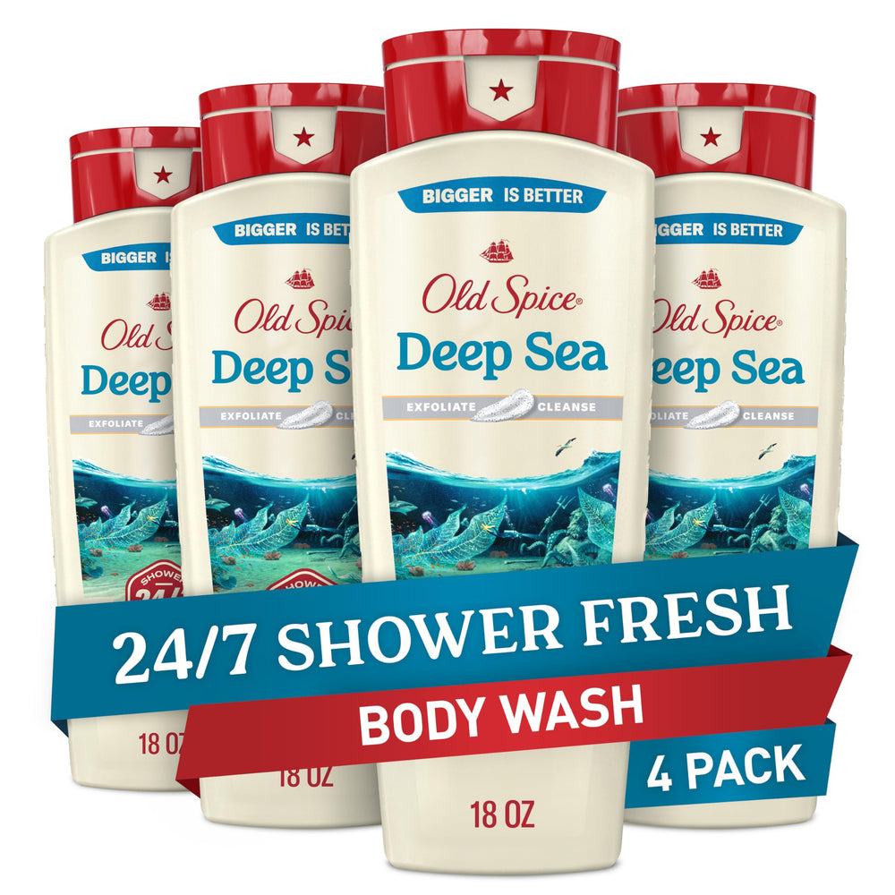 Old Spice front bottle Deep Sea showing label and scent benefits