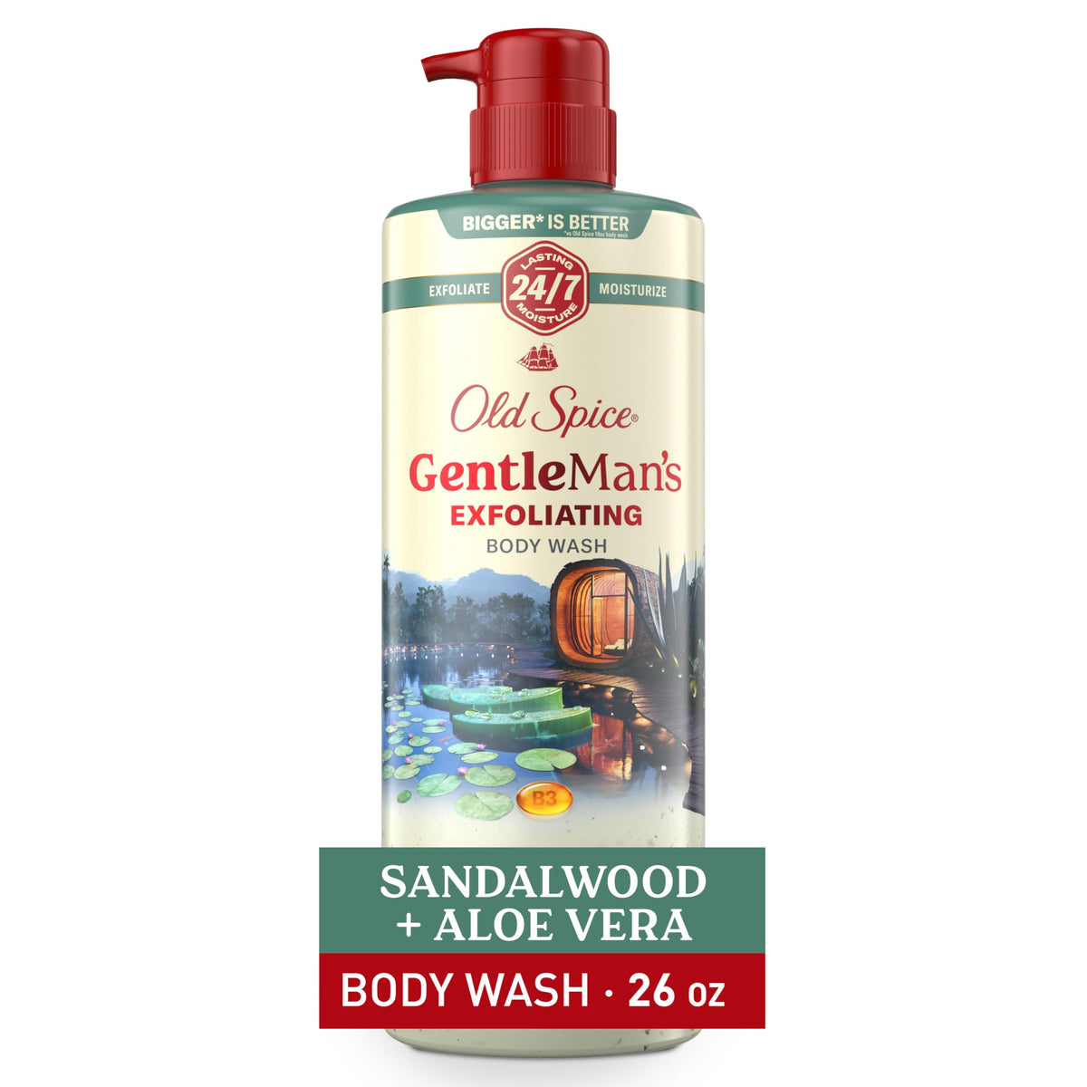 Old Spice front bottle showing sandalwood aloe scent and easy grip