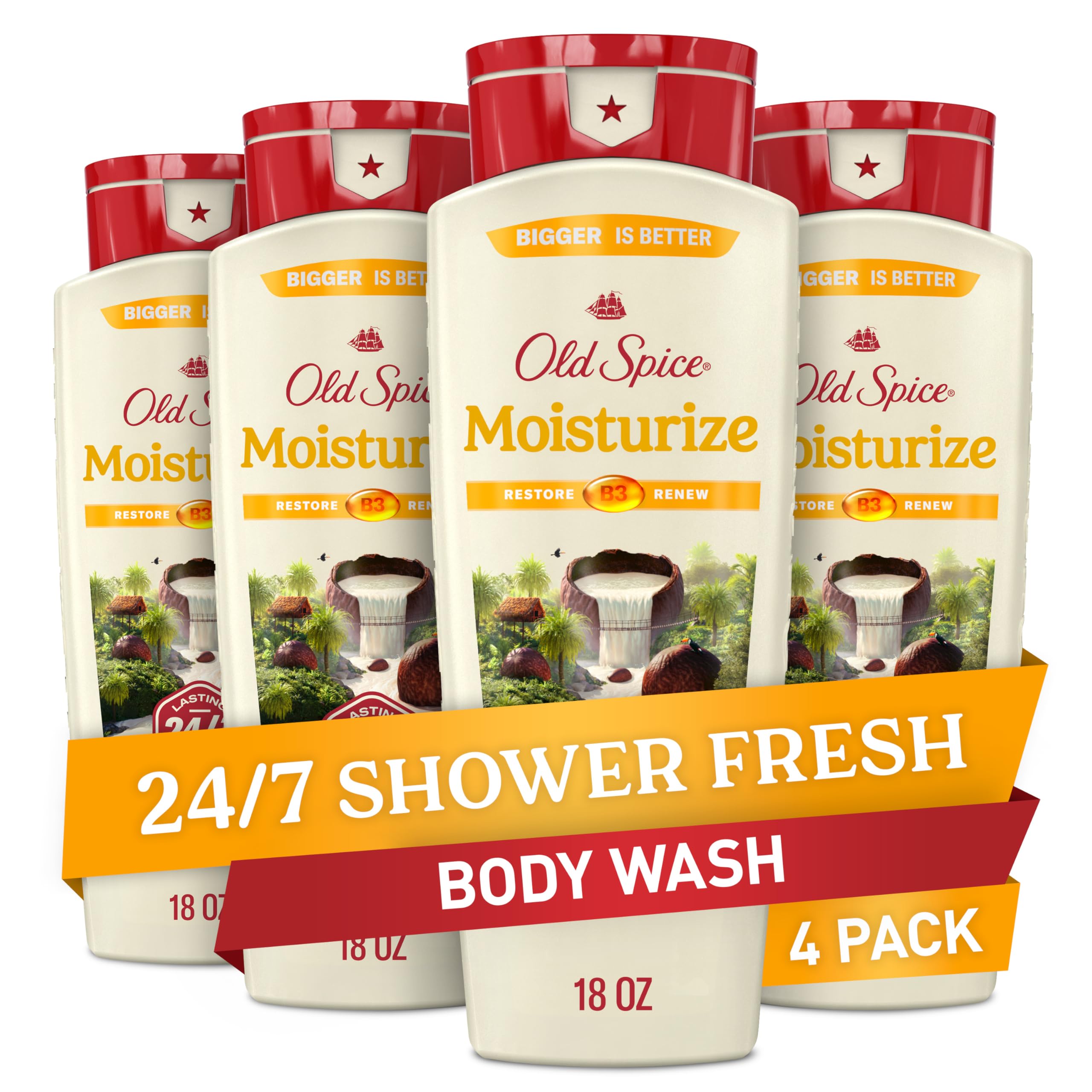 Old Spice front packaging showing 18 oz bottle and bold branding benefit: clear product identity