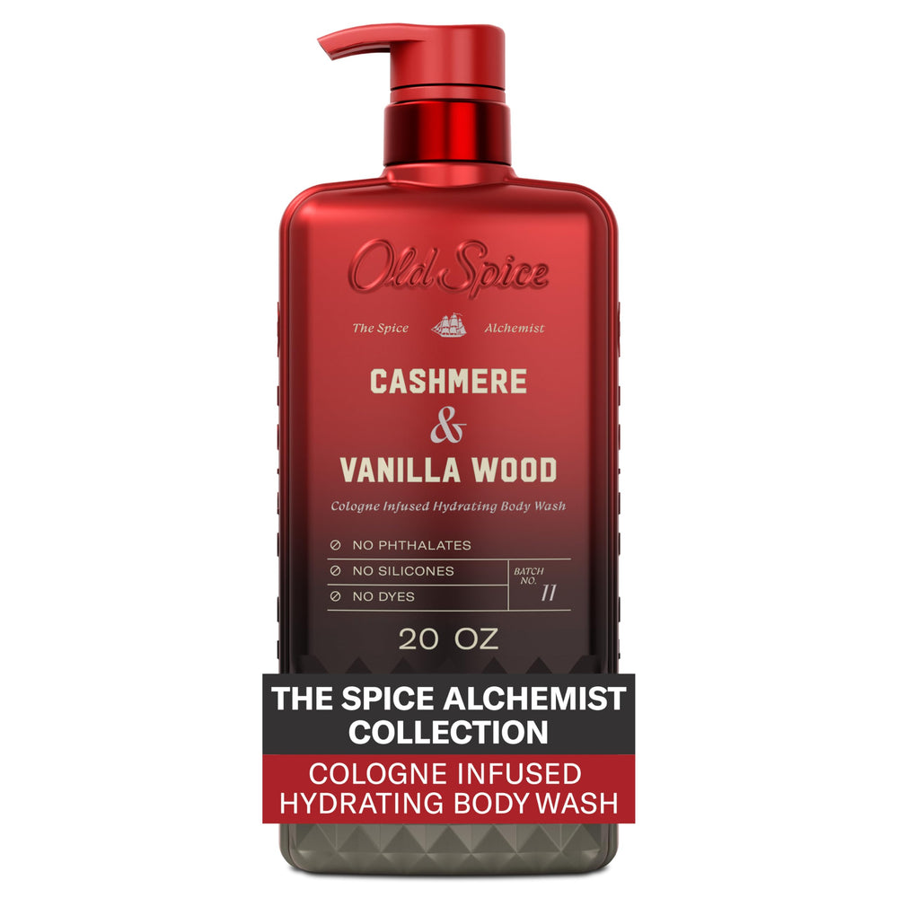 Old Spice bottle front showing Cashmere + Vanilla Wood scent and benefits