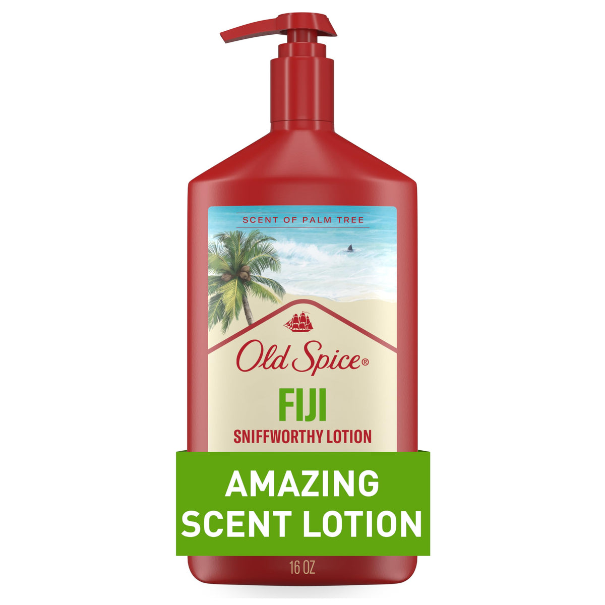 Old Spice front packaging of Fiji palm lotion showing brand and 16 oz size benefit