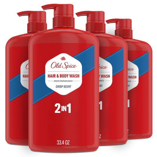 Old Spice bottle front view showing crisp scent and easy-grip cap