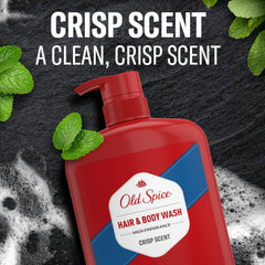 Old Spice bottle next to hand showing 33.4 fl oz scale