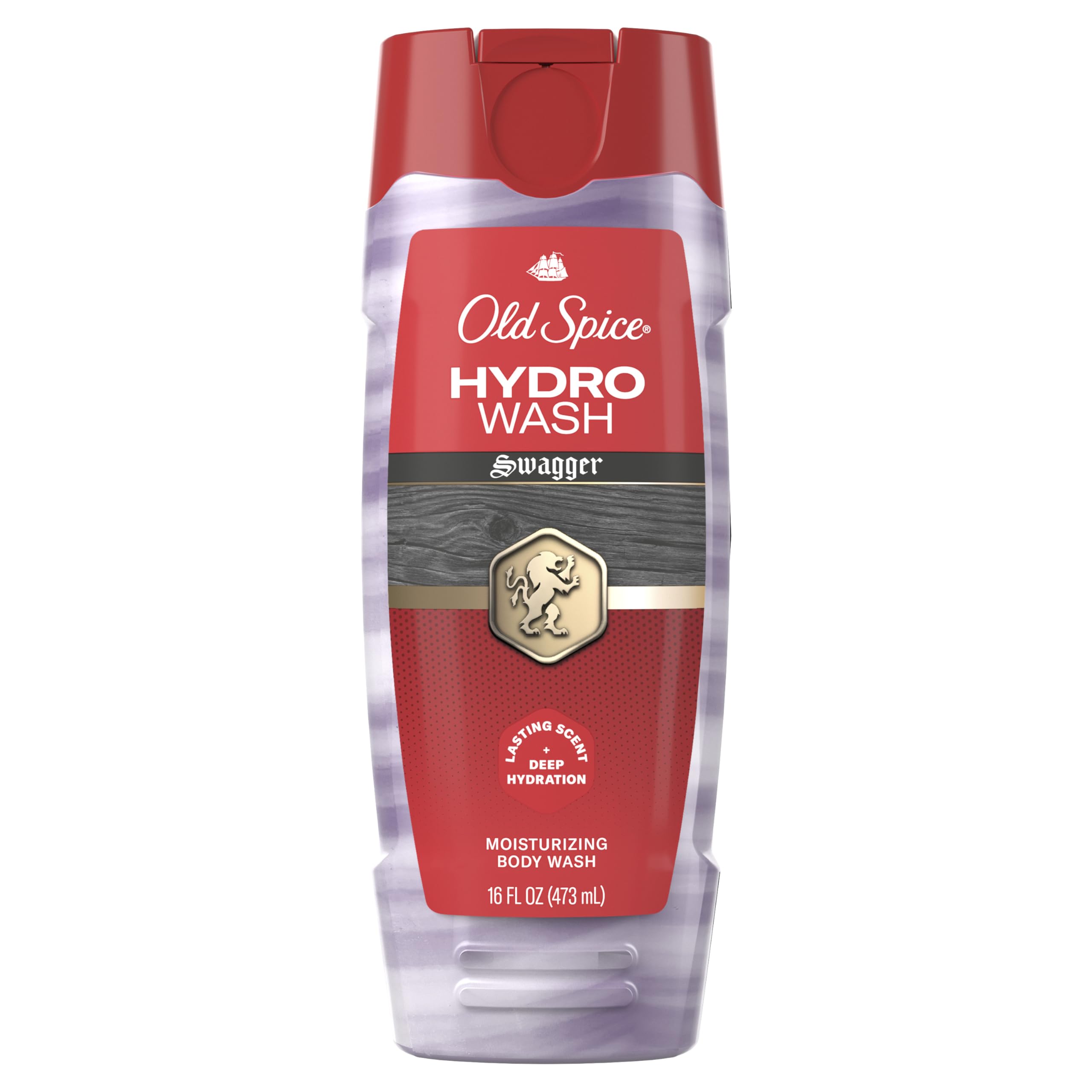 Old Spice Hydro Wash front packaging showing 16 oz bottle and Swagger scent benefit