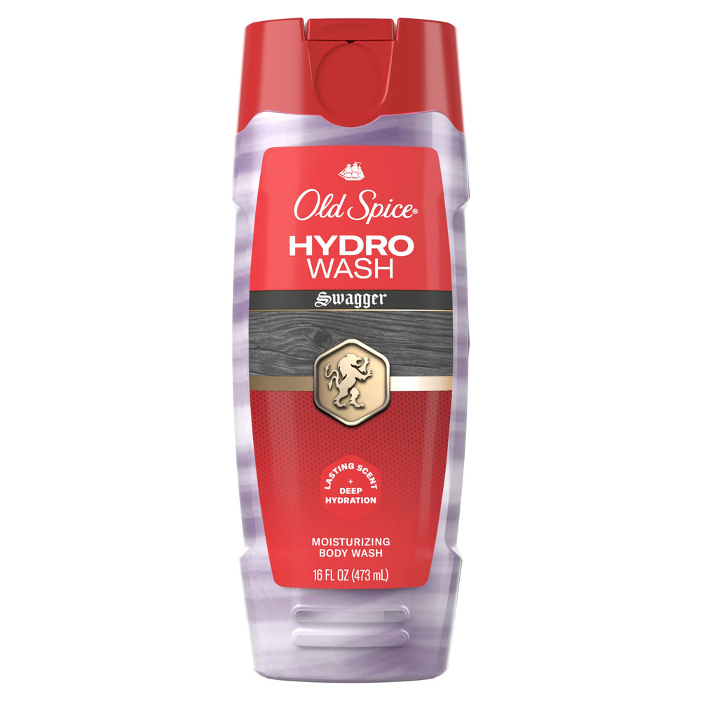 Old Spice Hydro Wash front packaging showing 16 oz bottle and Swagger scent benefit