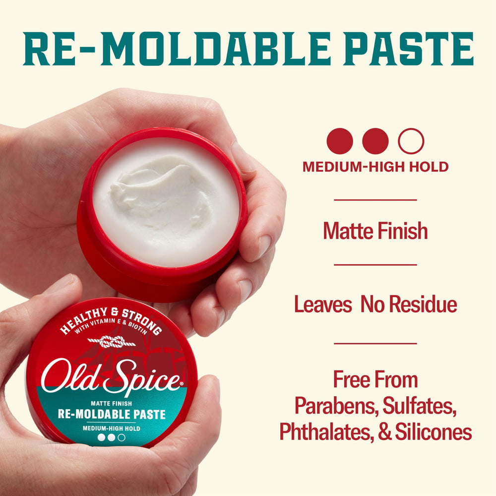 Old Spice ingredient shot with vitamin E and biotin bottles highlighting hair strength