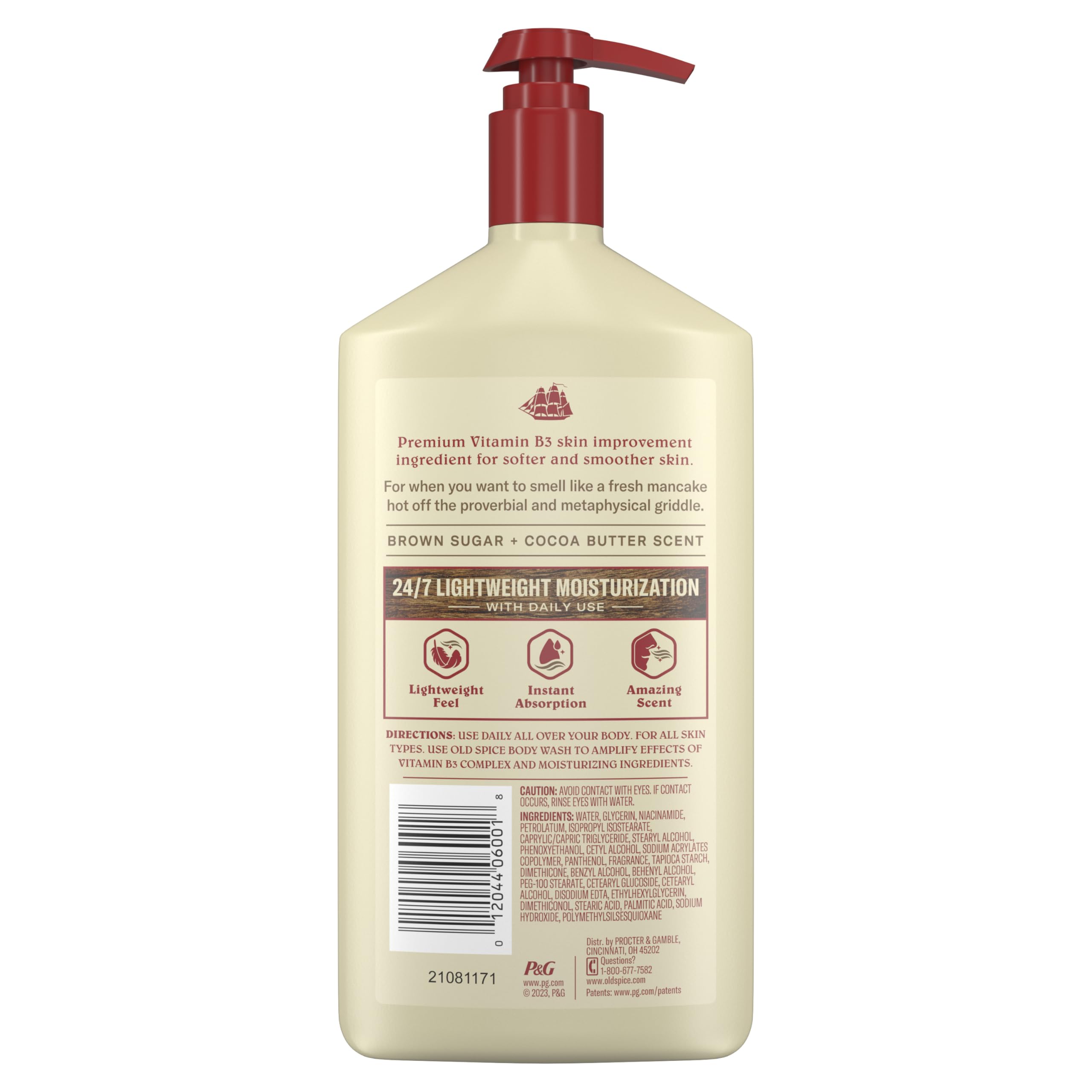 Old Spice ingredients visual with cocoa butter and brown sugar showing scent benefit
