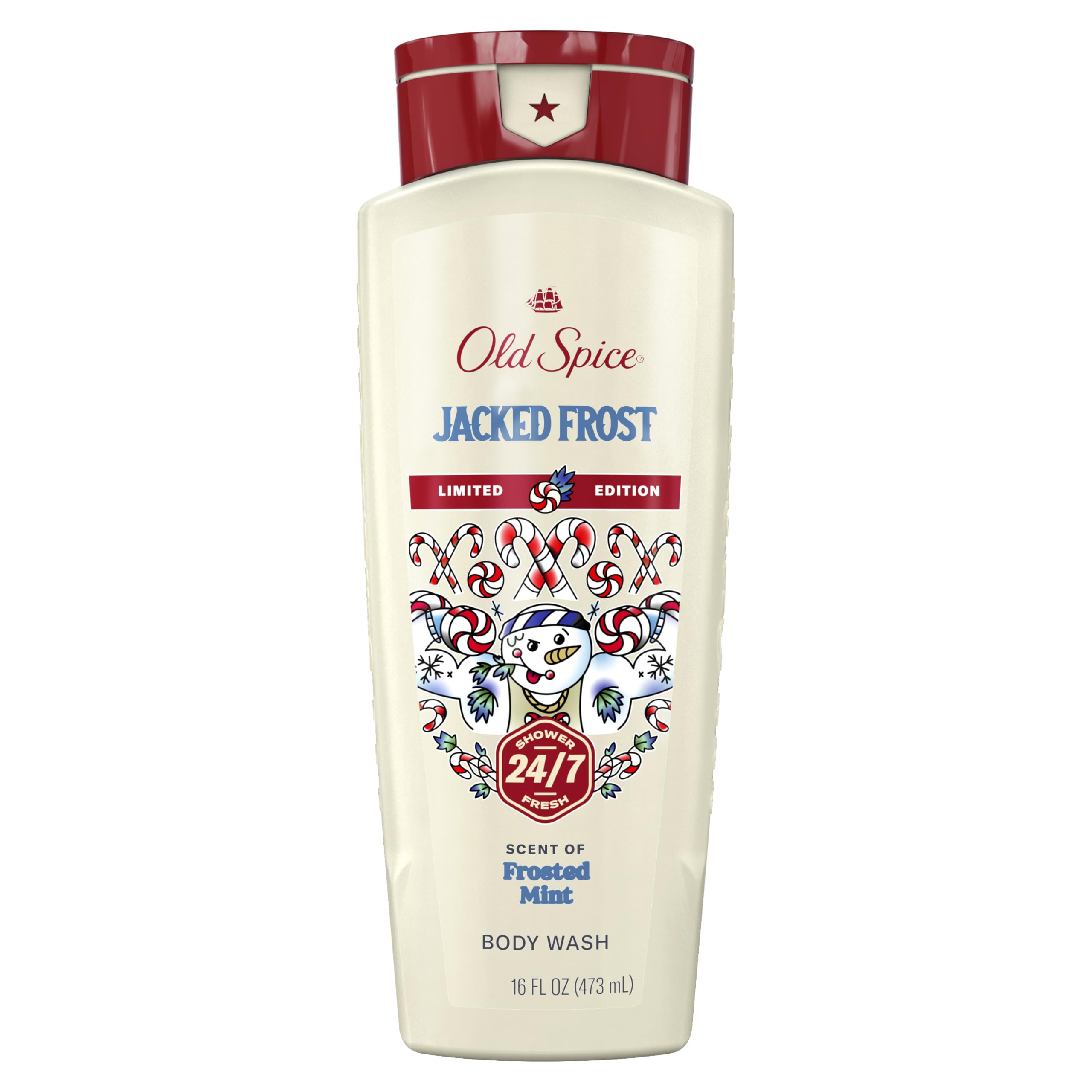 Old Spice Jacked Frost front packaging showing festive bottle and minty scent benefit