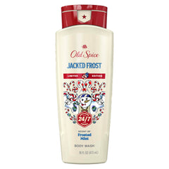 Old Spice Jacked Frost front packaging showing festive bottle and minty scent benefit