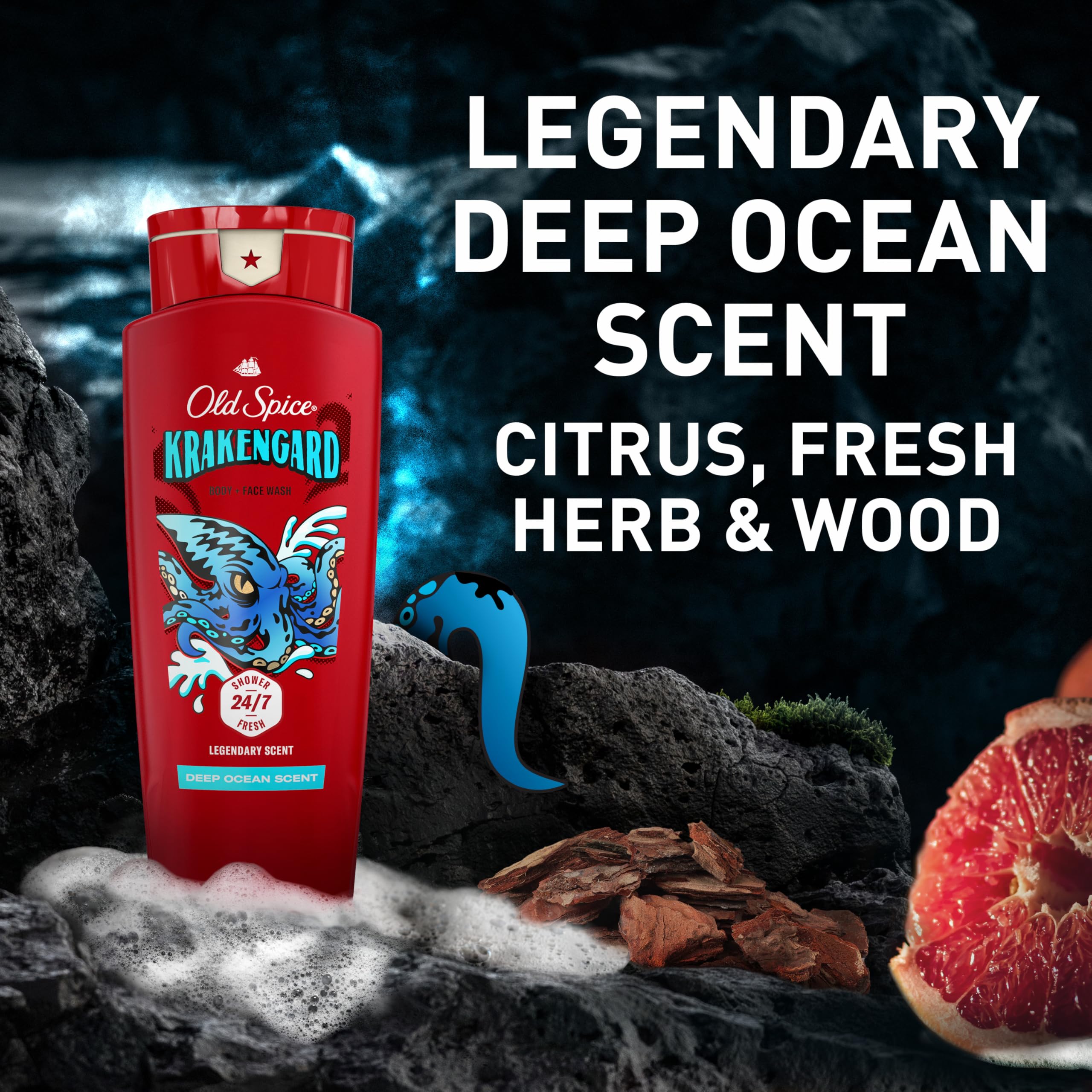 Citrus and wood elements representing Old Spice Krakengard scent notes