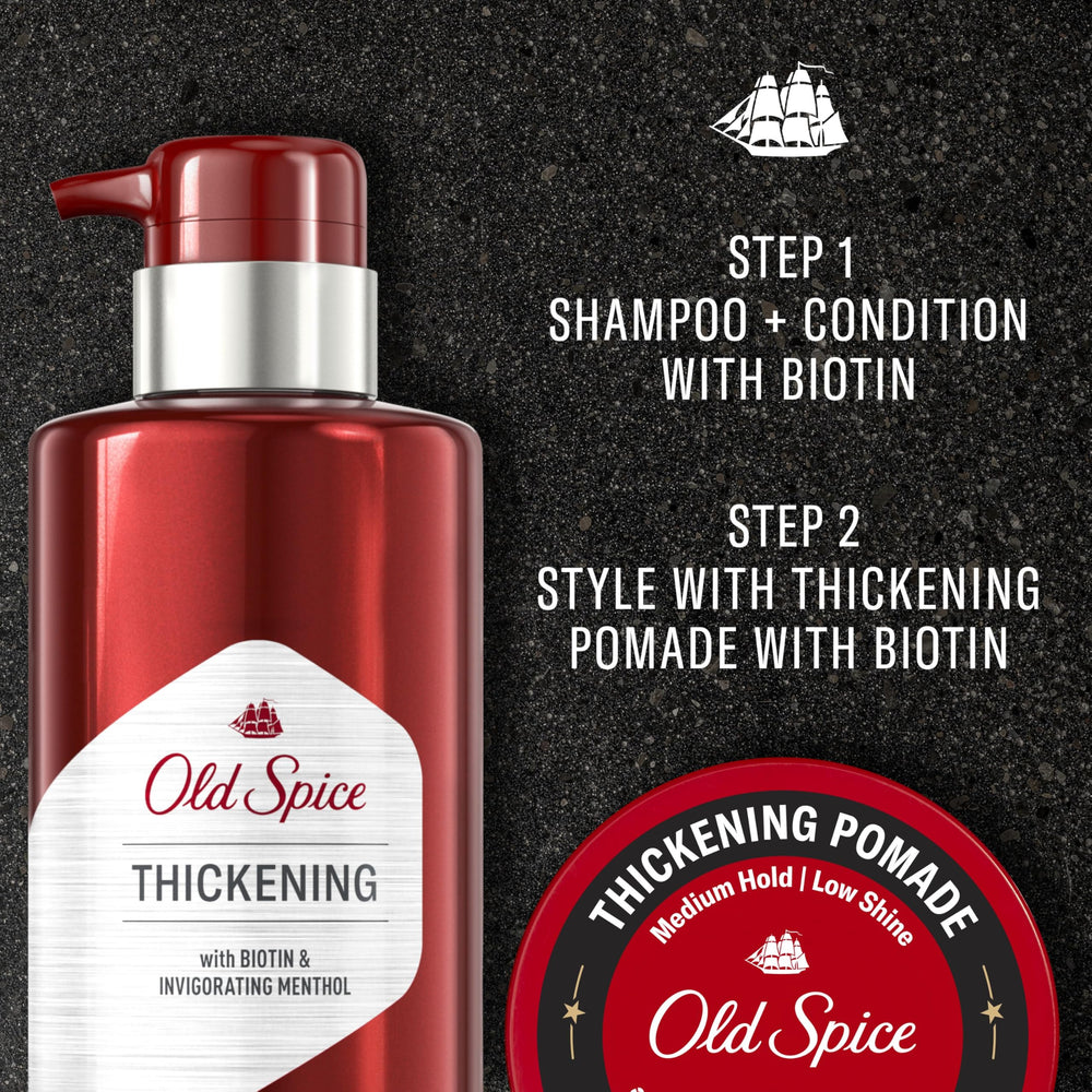 Old Spice label focusing on biotin ingredient for visibly fuller hair