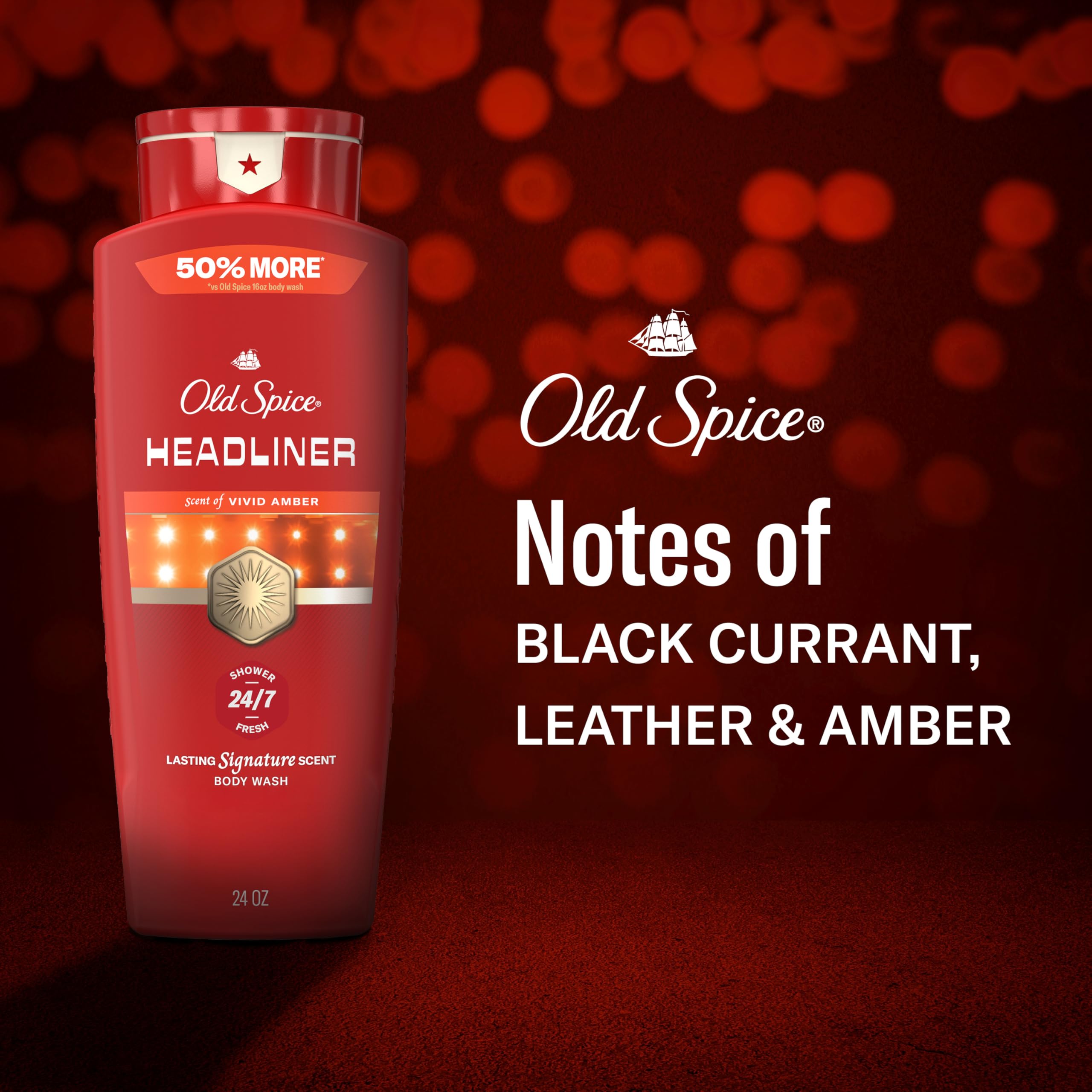 Old Spice label close-up highlighting scent notes of black currant, leather, and amber