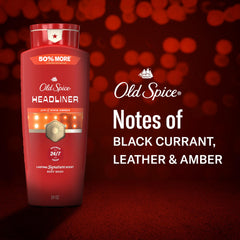 Old Spice label close-up highlighting scent notes of black currant, leather, and amber