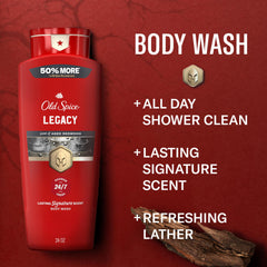 Old Spice label close-up highlighting Legacy coconut, pine and cedar notes