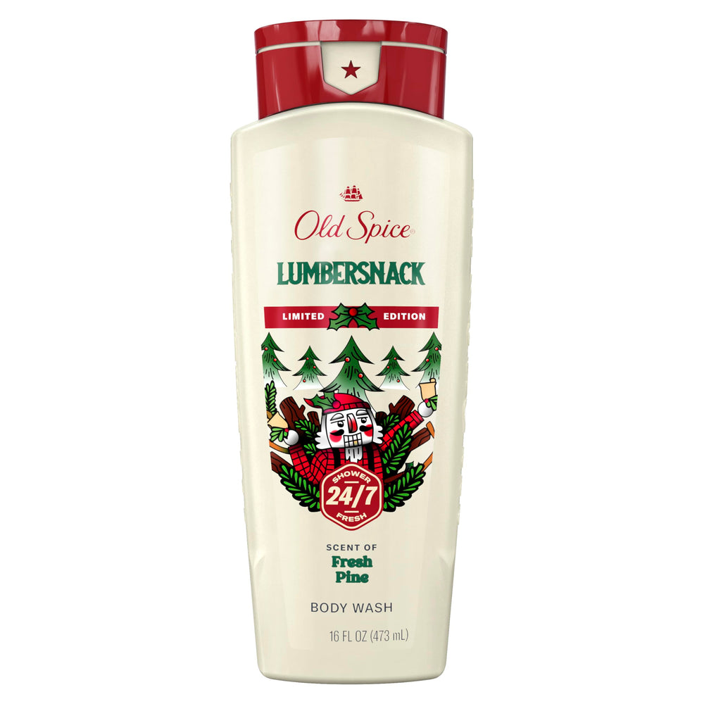 Old Spice LumberSnack front packaging showing bottle and scent benefits
