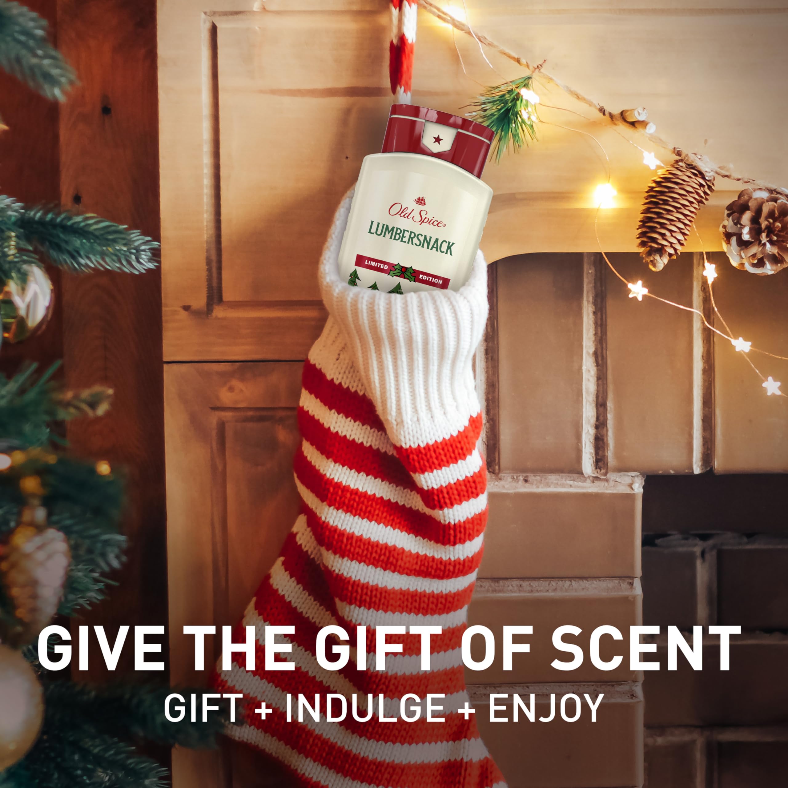 Old Spice LumberSnack label detail highlighting limited-edition Holidudes scent