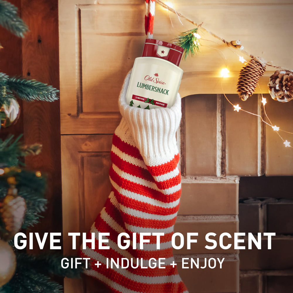 Old Spice LumberSnack label detail highlighting limited-edition Holidudes scent