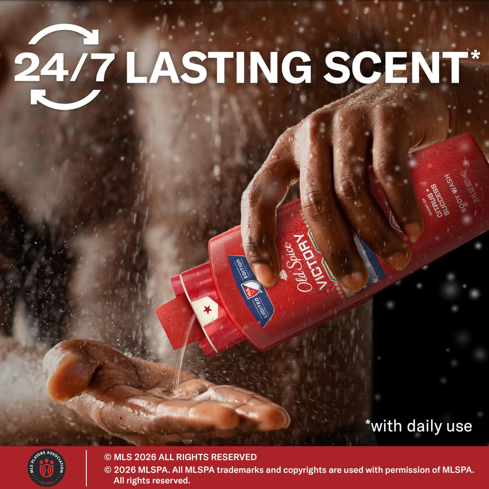 Old Spice bottle cap closeup highlighting secure flip-top for controlled dispensing benefit