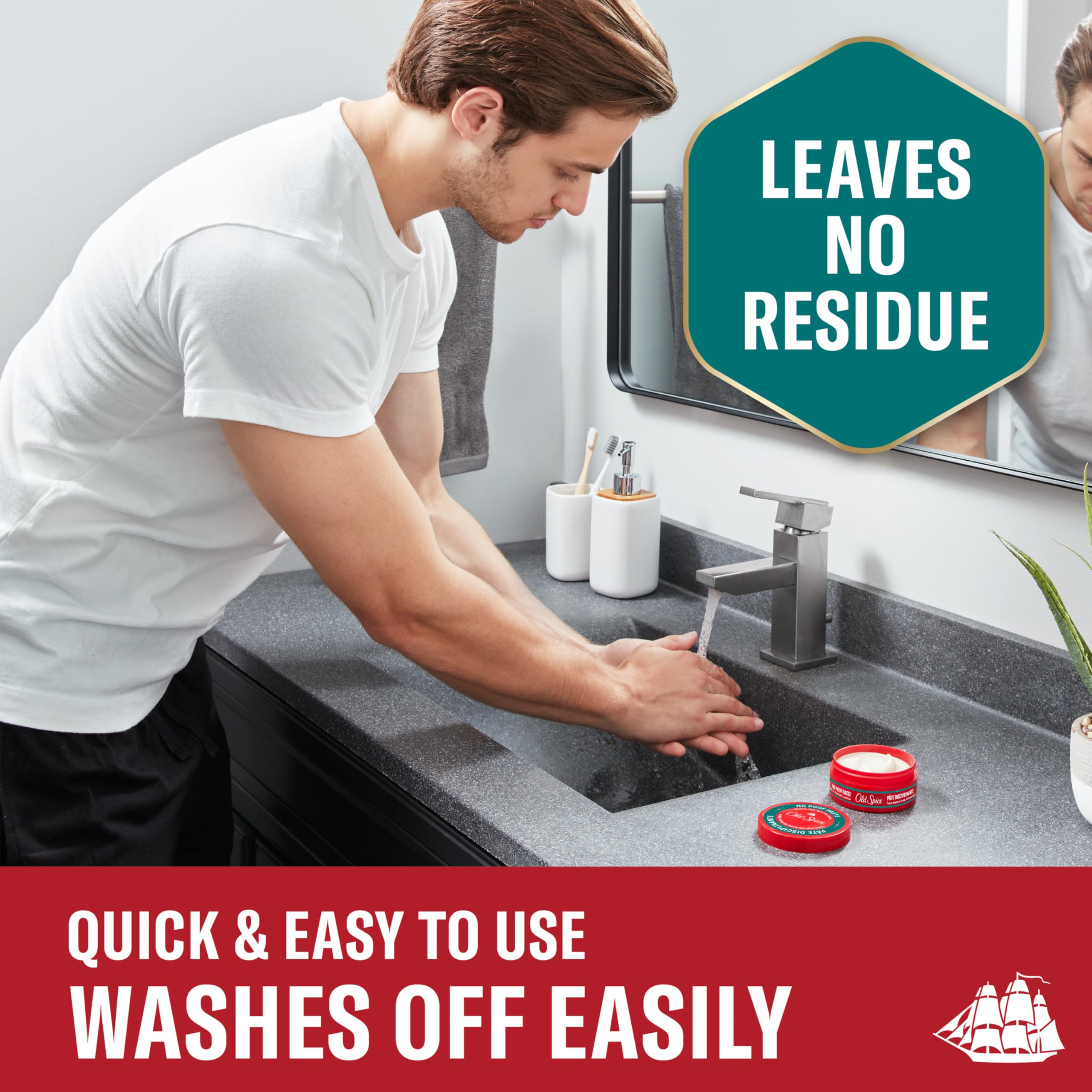 Old Spice being worked through damp hair for long-lasting hold benefit